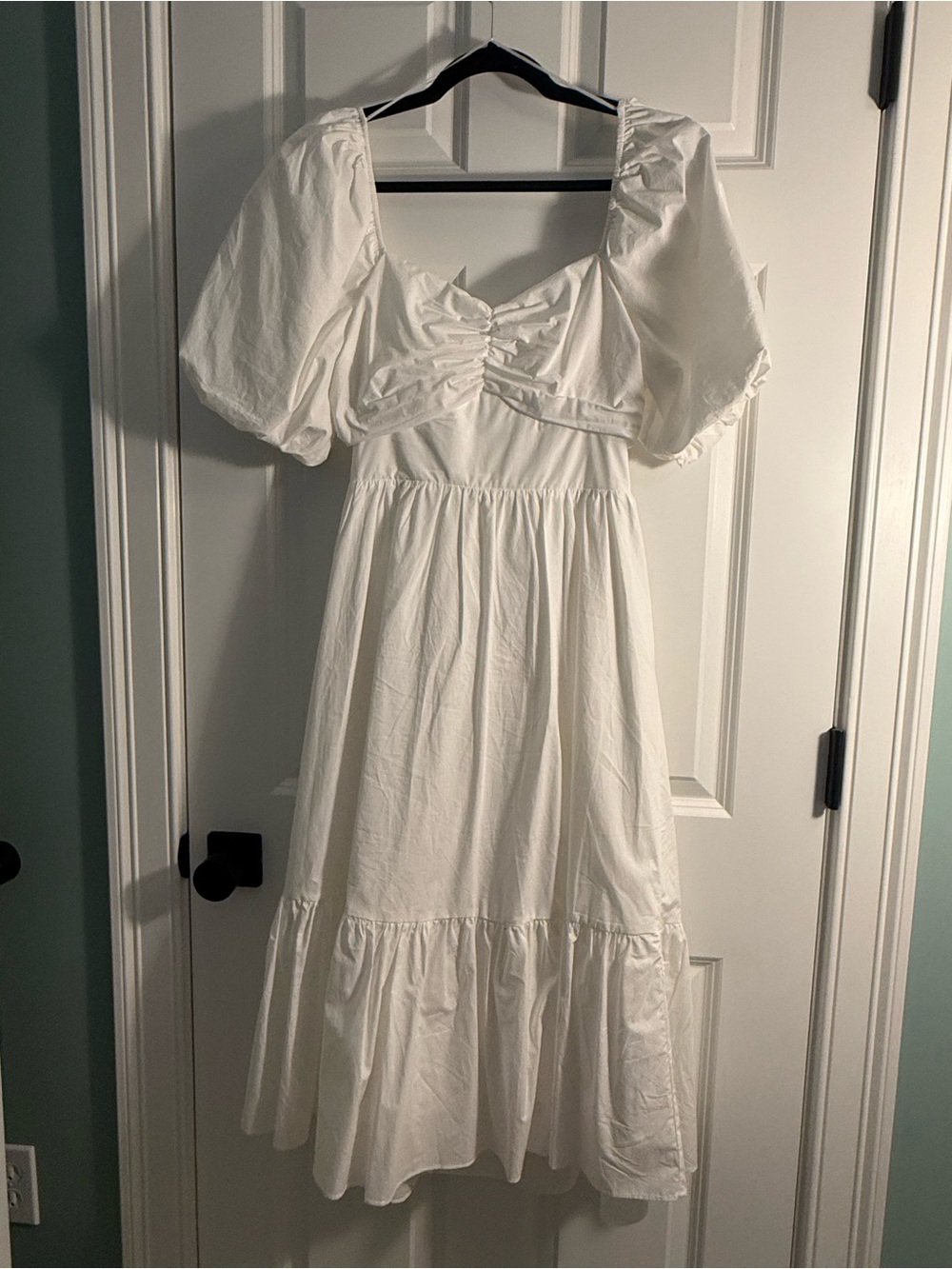 English Factory White Puff-Sleeve Midi Dress with Back Tie